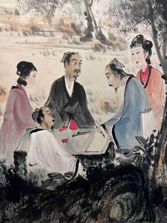 日本松町古美傅抱石 對弈圖