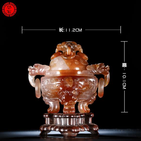 北京啟石清 獸耳活環(huán)三足香爐（帶木座）