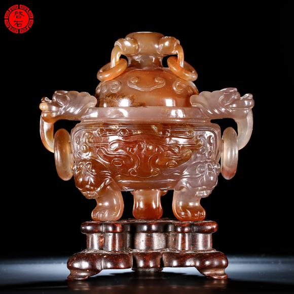 北京啟石清 獸耳活環(huán)三足香爐（帶木座）