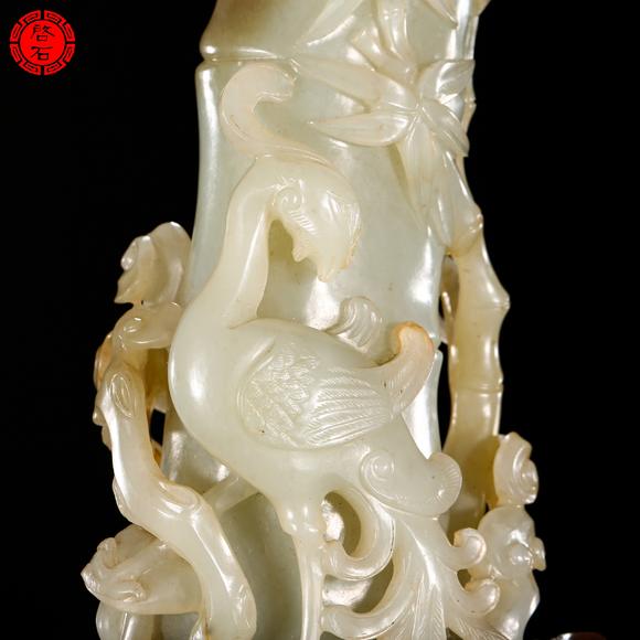 北京啟石清 “鳳鳴在竹”花插（帶木座）