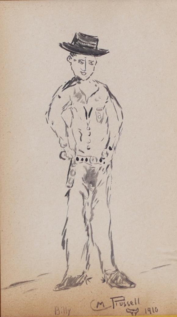 Goldfield Auction sarlsCharles Marion Russell (1864–1926), dessin représentant ? Billy the Kid ?, encre sur papier, daté 1910.
Etat : bon
Mesure avec cadre : H 42,5 cm x