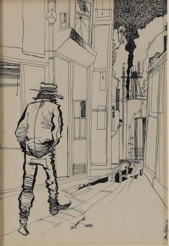 Goldfield Auction sarlsJean GOFFART (1939), ? Homme en rue ?, dessin à l’encre figurant un personnage solitaire traversant une ruelle urbaine stylisée aux perspectives dést