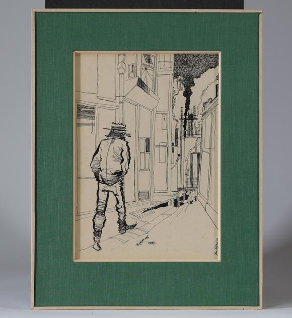 Goldfield Auction sarlsJean GOFFART (1939), ? Homme en rue ?, dessin à l’encre figurant un personnage solitaire traversant une ruelle urbaine stylisée aux perspectives dést