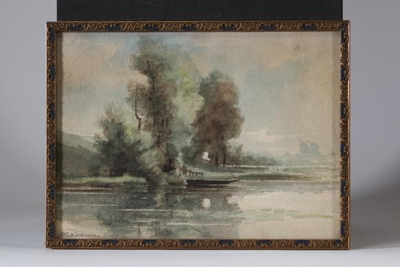 Goldfield Auction sarlsémile DELPERéE (1850-1896), ? Le Passage à Esneux ?, aquarelle représentant un paysage de rivière animé de berges arborées dans une atmosphère brumeus