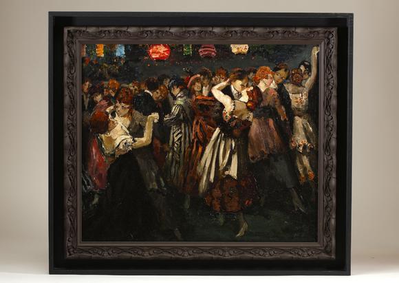 Goldfield Auction sarlsErnest MARNEFFE (1866-1921), Le Bal, huile sur toile représentant une scène mondaine animée où élégants couples de danseurs évoluent sous des lanterne