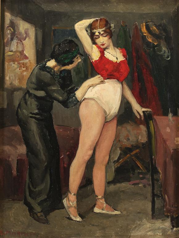 Goldfield Auction sarlsErnest MARNEFFE (1866-1921), huile sur toile représentant une danseuse de cabaret en costume de scène rouge et blanc dans l’intimité des coulisses, a