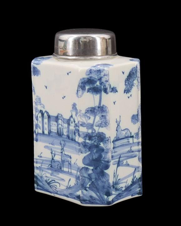 Clarke Auction GallerySILVER. English Silver Mounted Delftware Tea Caddy