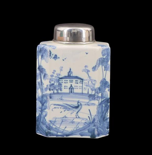 Clarke Auction GallerySILVER. English Silver Mounted Delftware Tea Caddy