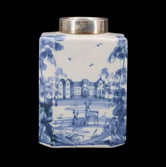 Clarke Auction GallerySILVER. English Silver Mounted Delftware Tea Caddy