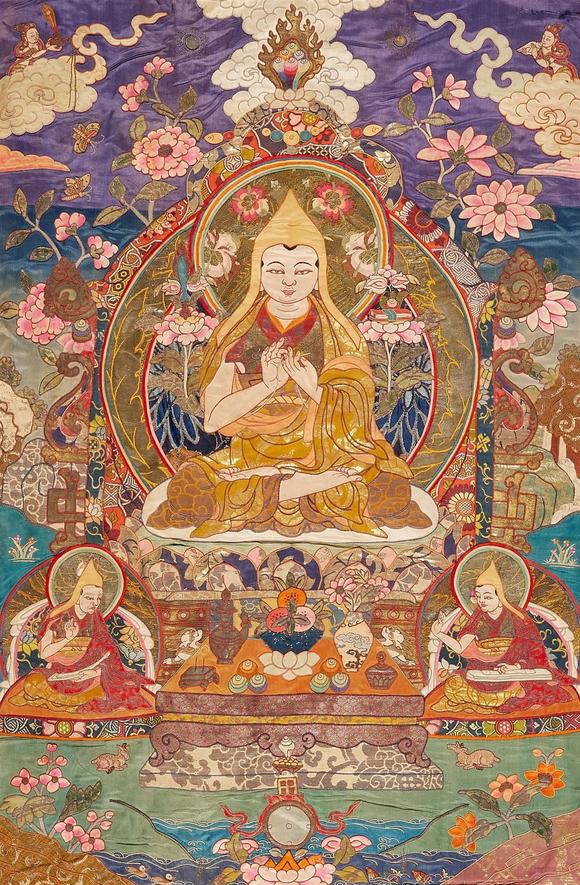 Kunsthaus Lempertz KGA fine Tibetan silk appliqué thangka of Tsongkhapa. Silk, partially painted, embroidery. Early 20th century