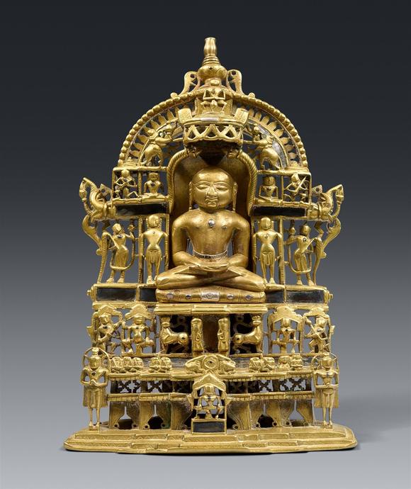 Kunsthaus Lempertz KGA large Gujarati brass and silver inlay Jain altar of tirthankara Chandraprabha. India. Dated 1568