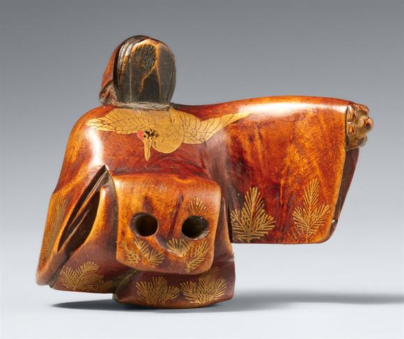Kunsthaus Lempertz KGA small boxwood netsuke of a manzai dancer. 19th century