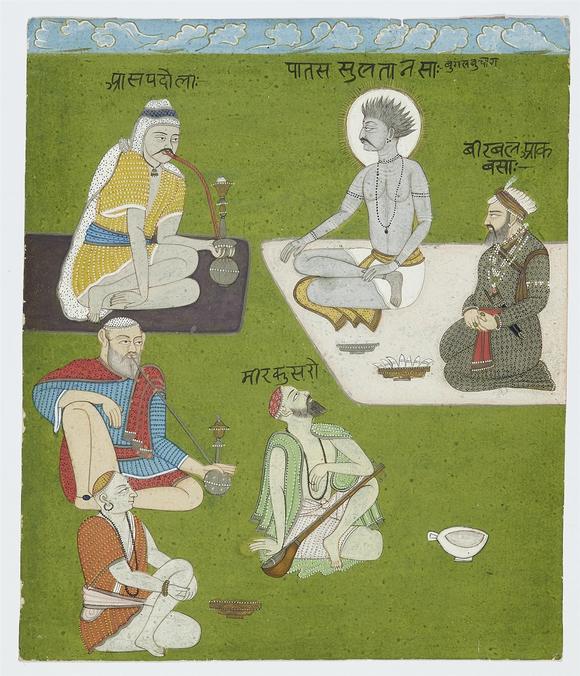 Kunsthaus Lempertz KGA meeting of holy men and ascetics attended by a noble. Opaque pigments and gold on paper. Rajasthan, Mewar. 19th century