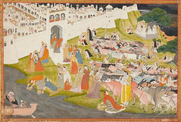 Kunsthaus Lempertz KGReturn of the herd at the sacred hour of cowdust. Opaque pigments and gold on paper. Punjab Hills, Himachal Pradesh, Mandi, possibly Sajnu or his workshop. Circa 1805