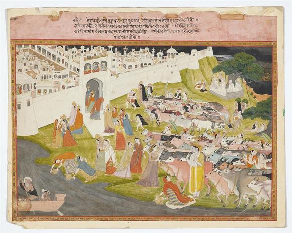 Kunsthaus Lempertz KGReturn of the herd at the sacred hour of cowdust. Opaque pigments and gold on paper. Punjab Hills, Himachal Pradesh, Mandi, possibly Sajnu or his workshop. Circa 1805