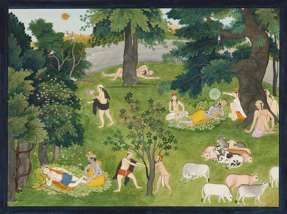 Kunsthaus Lempertz KGKrishna and Balarama receiving foot massage during an afternoon break. Opaque pigments and gold on paper. Punjab Hills, Himachal Pradesh, Kangra. End of 18th century