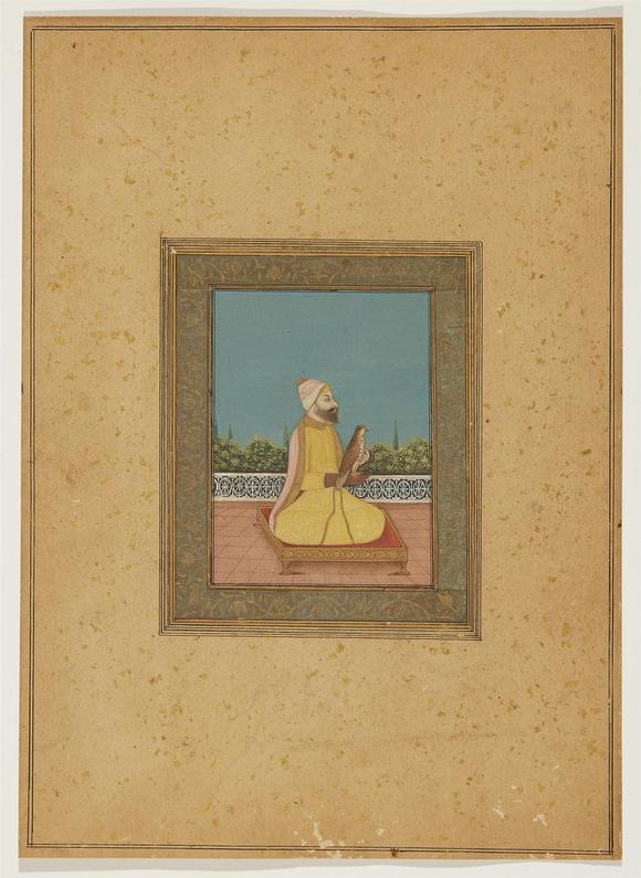 Kunsthaus Lempertz KGAn album leaf with a portrait of a Sikh Guru. Opaque pigments and gold on paper. Mughal Empire, India. 18th century