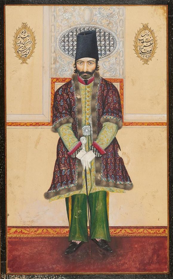 Kunsthaus Lempertz KGA Qajar portrait of Aliqoli Mirza (1822—1880), the first Minister of Science. Opaque pigments and gold on paper. Persia. Dated 1272 AH (1855/56)