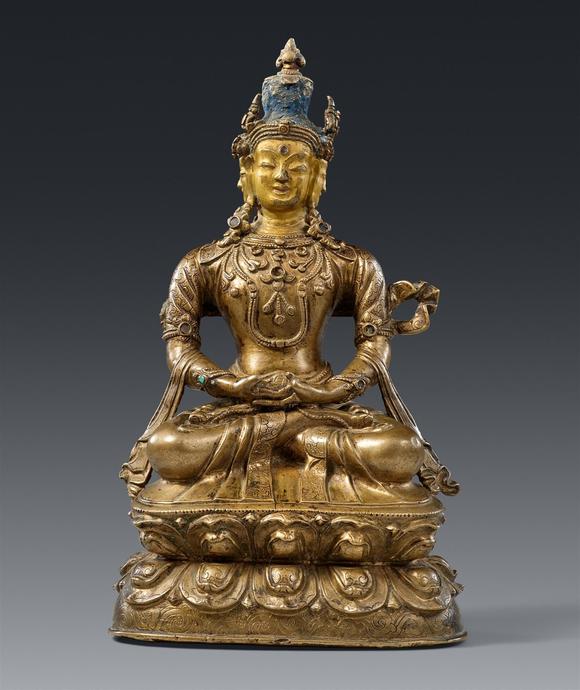 Kunsthaus Lempertz KGA rare Tibetan brass figure of Sarvavid Vairocana. Partially cold-gild and polychrome. 16/17th century