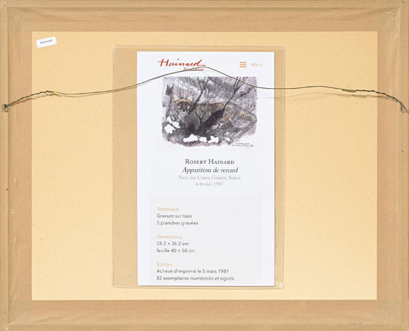 Piguet - H?tel des VentesRobert Hainard (1906-1999),  Apparition de renard , 6 février 1987, bois gravé, signé, [...] et numéroté 19/82 au crayon, 28,2x36,2 cm
