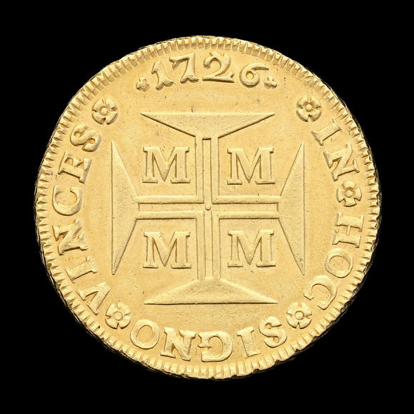 Piguet - H?tel des VentesBrésil, Jo?o V (1724-1750), 20.000 reis en or, 1726, Minas Gerais, tranche feuillagée, diam. 3,8 cm, 53,4 g.