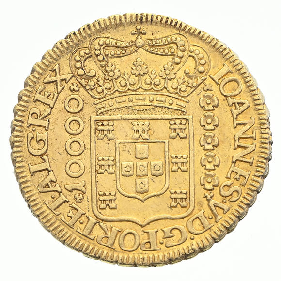 Piguet - H?tel des VentesBrésil, Jo?o V (1724-1750), 10.000 reis en or, 1727, Minas Gerais, tranche feuillagée, diam. 3,3 cm, 26,8 g.