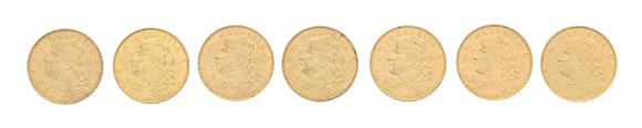 Piguet - H?tel des VentesConfédération Helvétique, verticale de 7 vreneli de 10 francs : 1911 / 1912 / 1913 / 1914 / 1915 / 1916 / 1922
