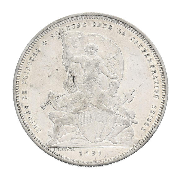 Piguet - H?tel des VentesTir Fédéral de Fribourg, 1881, écu de tir (5 francs) en argent, tranche cannelée, diam. 3,7 cm, 24,97 g.