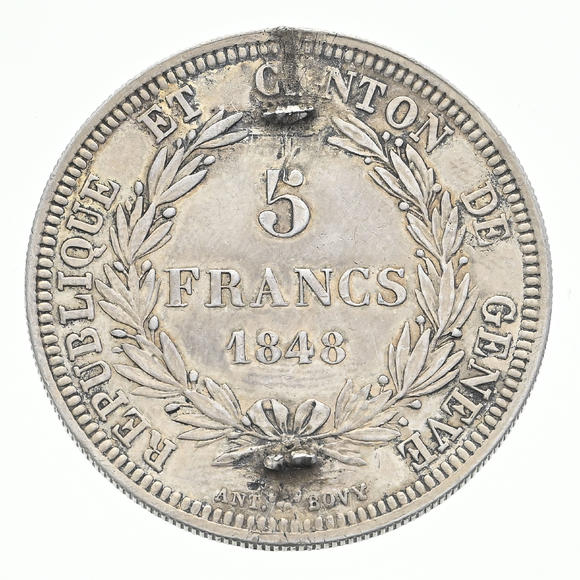Piguet - H?tel des VentesRépublique et Canton de Genève, 5 francs 1848 en argent, tranche cannelée, frappée à 1176 exemplaires, diam. 3,7 cm, 25,9 g.