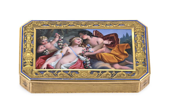 Piguet - H?tel des VentesTabatière en or et émail, Russie, Saint Pétersbourg fin XIXe s., le dessus centré d'une miniature en émail plein d'Ariadne et DionysusGold and enamel snuff box, Saint Petersburg, late 19th century,