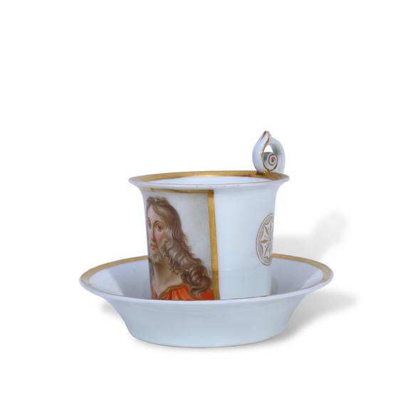 KARSON AUCTION1816–1824, Meissen (Germany) Porcelain Cup and Saucer with 24K Gold Figure Portraits
