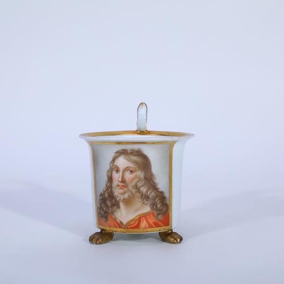 KARSON AUCTION1816–1824, Meissen (Germany) Porcelain Cup and Saucer with 24K Gold Figure Portraits
