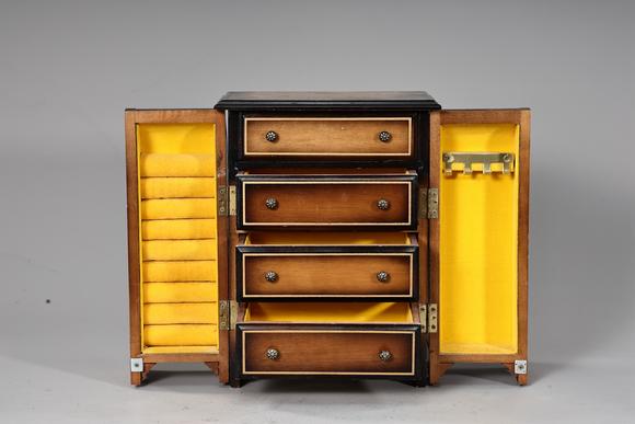 Karl s Collections Inc1970s Maple 3 Tier Dual Cabinets Yellow Velvet lined Vanity Jewelry Box 