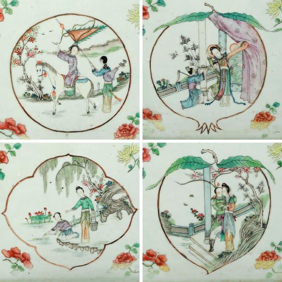 大阪美術(shù)商會清 粉彩開窗人物故事紋花盆1對