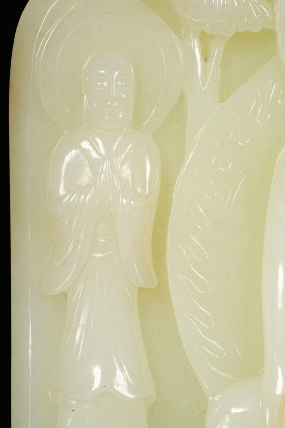 HUNG YUN ZHAI AUCTION HOUSE INCThree Hetian White Jade Buddhist Statues with Spinach Green Jade Base