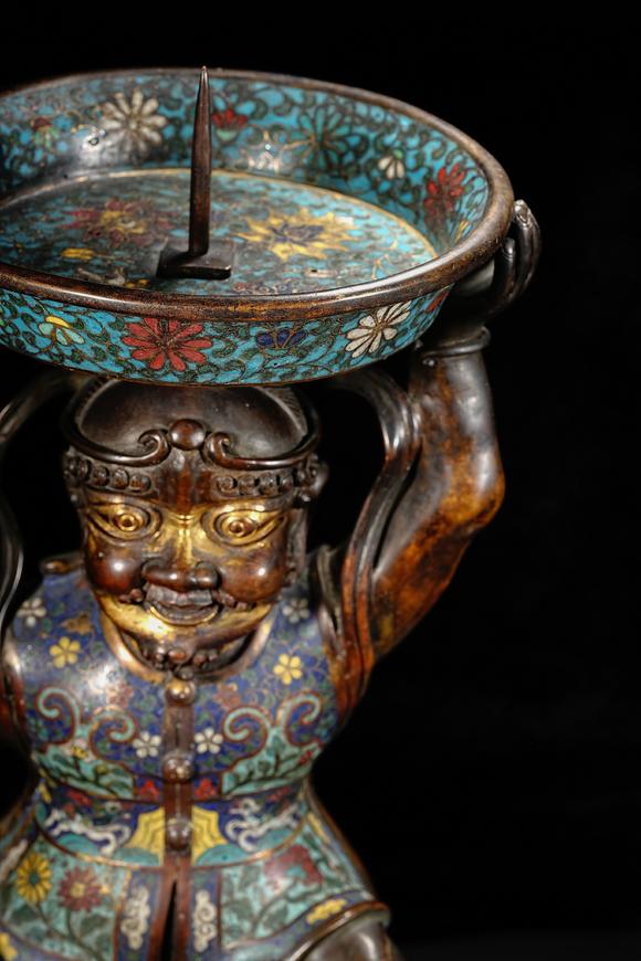 HUNG YUN ZHAI AUCTION HOUSE INCPair of Bronze Cloisonné Enamel Candelabra with Central Asian (Hu) Figure Motif