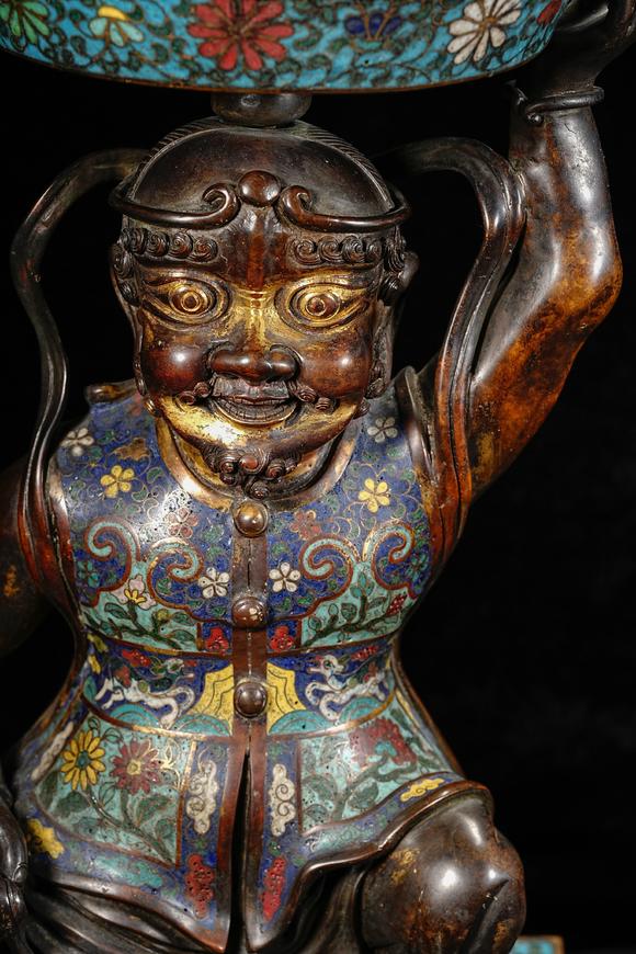HUNG YUN ZHAI AUCTION HOUSE INCPair of Bronze Cloisonné Enamel Candelabra with Central Asian (Hu) Figure Motif