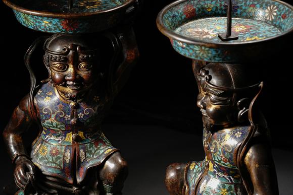 HUNG YUN ZHAI AUCTION HOUSE INCPair of Bronze Cloisonné Enamel Candelabra with Central Asian (Hu) Figure Motif
