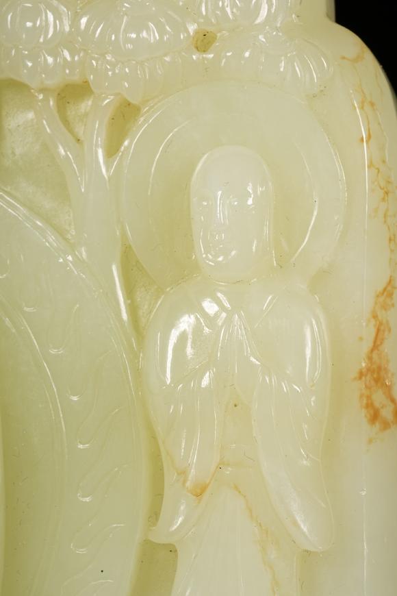 HUNG YUN ZHAI AUCTION HOUSE INCThree Hetian White Jade Buddhist Statues with Spinach Green Jade Base