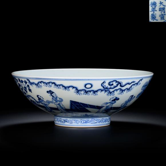 HUNG YUN ZHAI AUCTION HOUSE INCXuande Marked Underglaze Blue Bowl with Ladies in a Garden