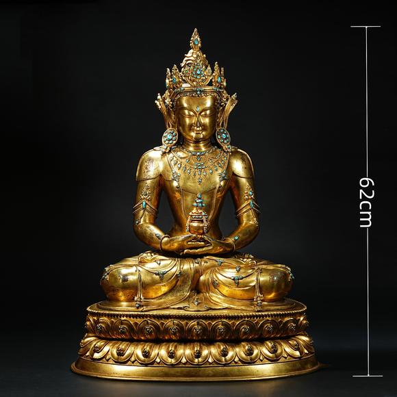 HUNG YUN ZHAI AUCTION HOUSE INC16th Century Gilt-Bronze Inlaid Amitayus Buddha Statue