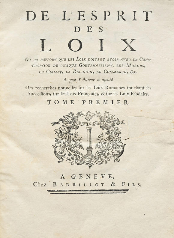 Piguet - H?tel des VentesMONTESQUIEU.  De l’Esprit des loix. Genève : Barrillot (sic) & fils, (1748).  2 vol. in-4° reliés plein veau moucheté reliure d'époq