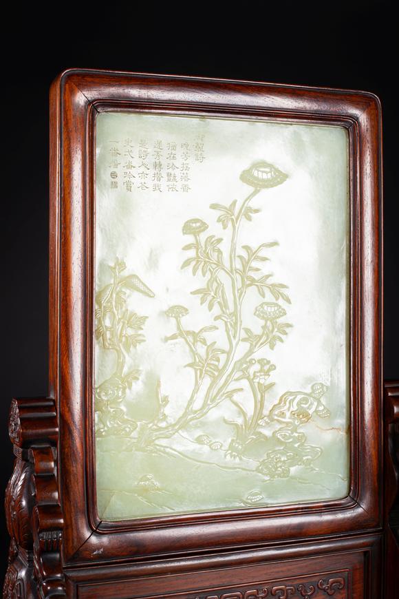 中鴻信清乾隆 黃玉雕高士喜鵲登梅御題詩(shī)文插屏一對(duì)