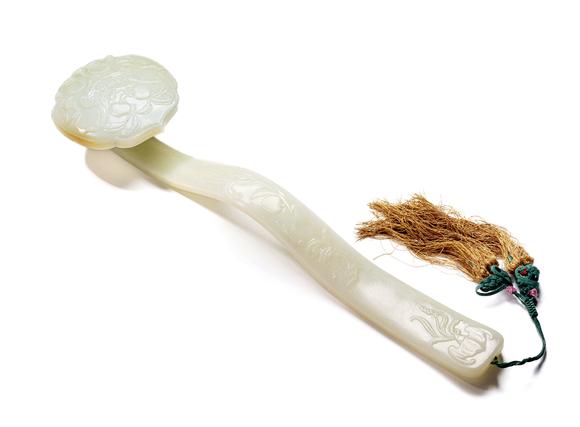 中鴻信清乾隆 白玉雕吉慶有余福壽紋如意