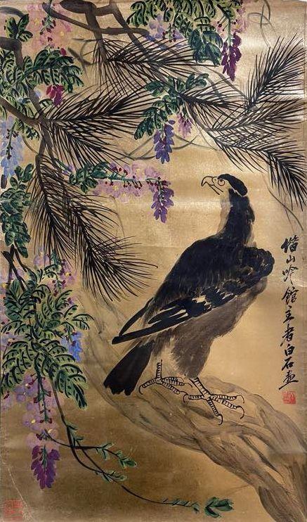 日本松町古美齊白石 金紙花鳥圖
