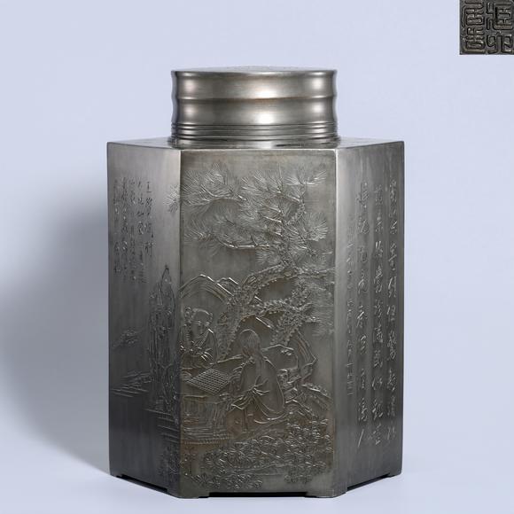 日本東競株式會(huì)社淺浮雕人物故事錫質(zhì)茶葉罐