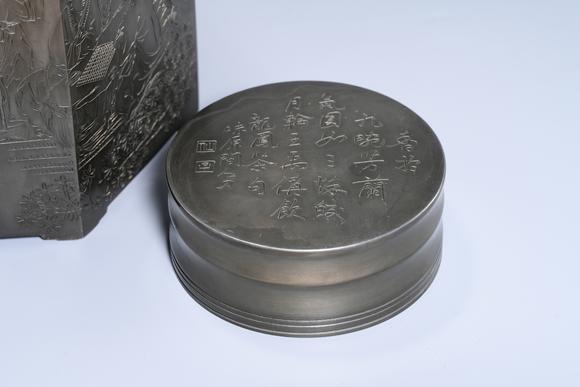 日本東競株式會(huì)社淺浮雕人物故事錫質(zhì)茶葉罐