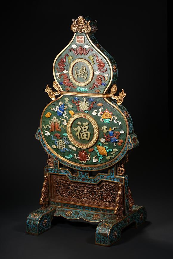 日本東競(jìng)株式會(huì)社乾隆禦制 掐絲琺瑯碧玉百寶嵌鴻福插屏