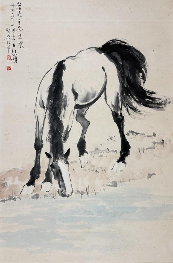 東京新日本徐悲鴻（1895-1953）　飲馬圖　紙本立軸