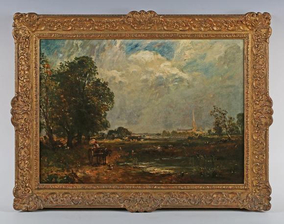 TooveysAfter John Constable - Distant view of Salisbury Cathedral, oil on c